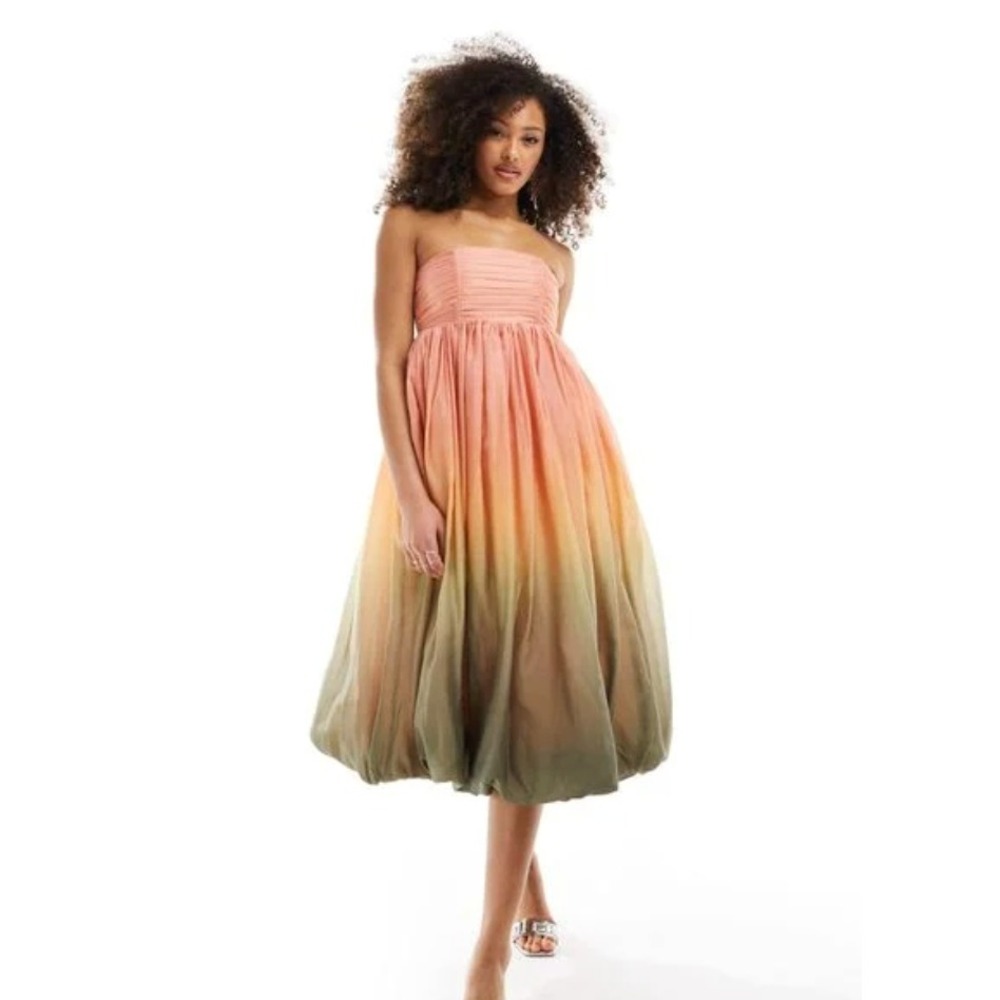 & Other Stories Ombre Strapless Midi Dress Womens 6 Pink Green Balloon Bubble